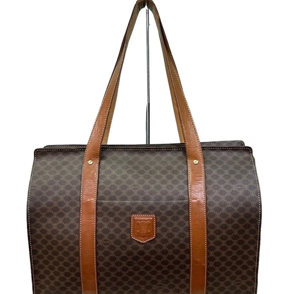 CELINE Macadam Elegant Brown Patterned Zippered Shoulder Bag